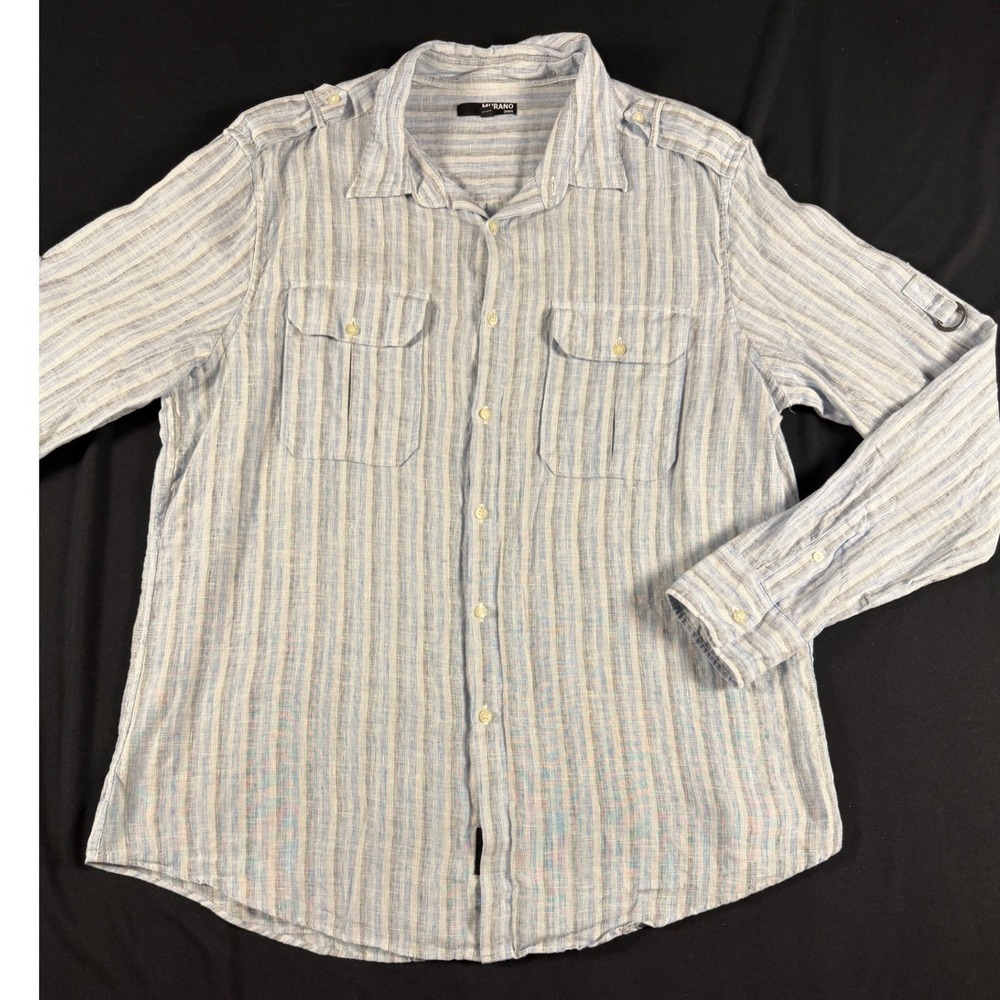 Murano Linen Mens Blue White Striped Button‎ Down Shirt Roll Tab Sleeve Large